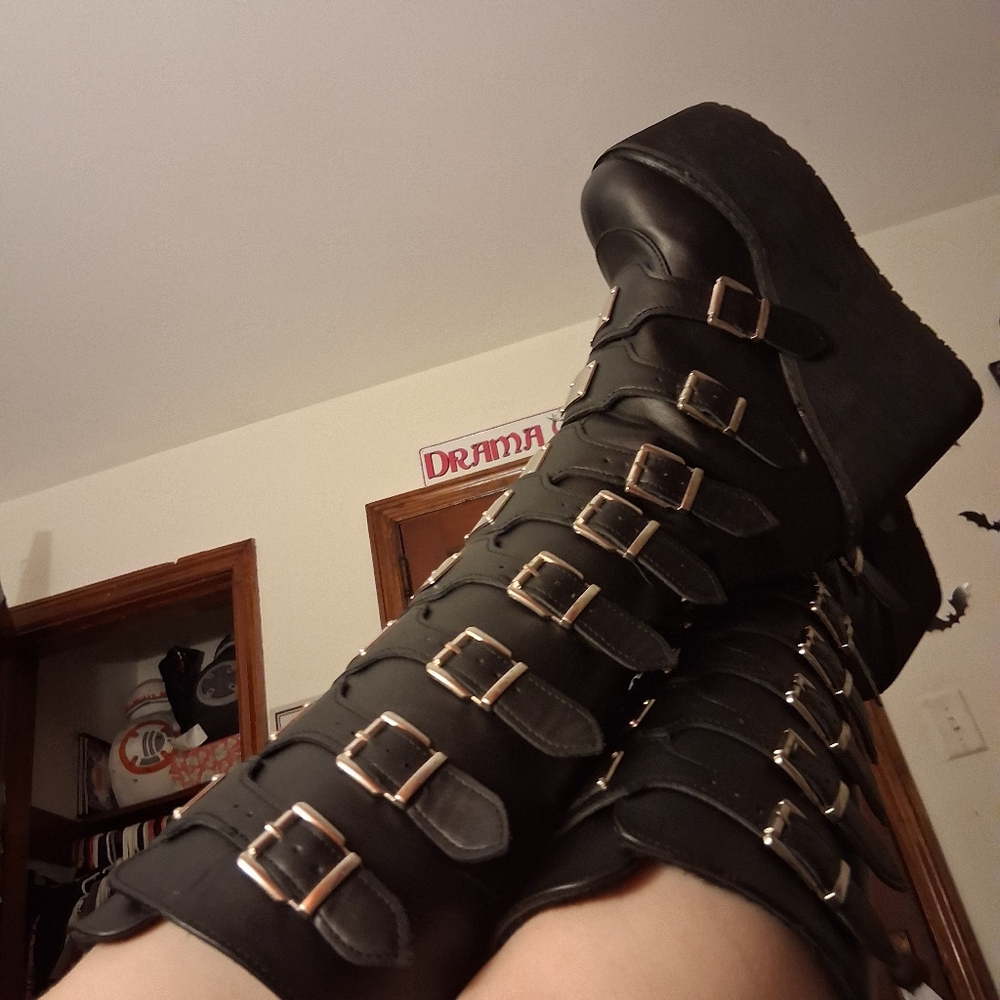 Women's Black Lace-Up Buckle Platform Knee-High Boots